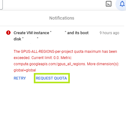 Request quotas notification screenshot